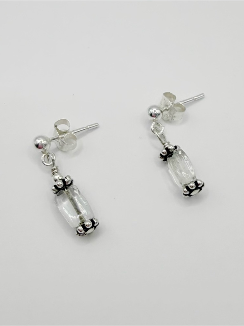 Quartz Crystal and .925 Sterling Silver Bali Bead Earrings